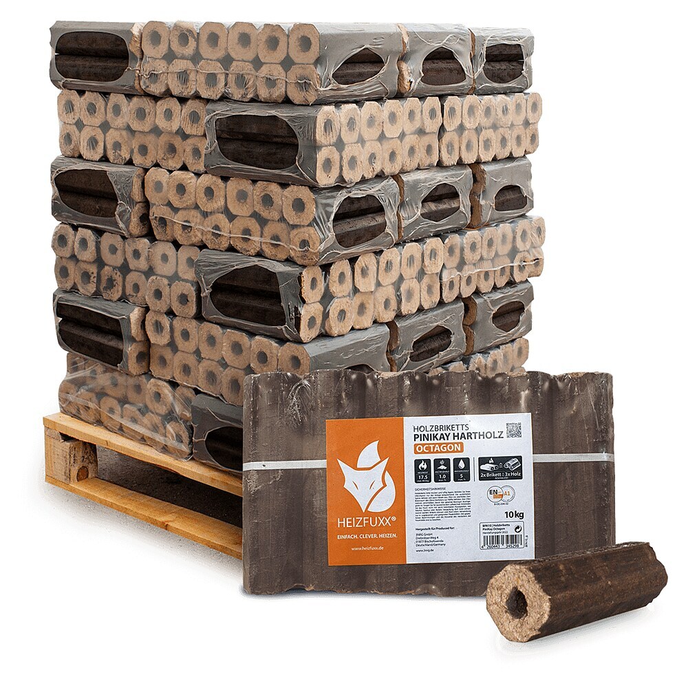 Heizfuxx PiniKay Octagon Holzbriketts Hartholz, 10 kg x 30 Gebinde, 300 kg Palette