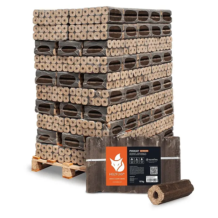 Heizfuxx PiniKay Octagon Holzbriketts Hartholz, 10 kg x 96 Gebinde, 960 kg Palette